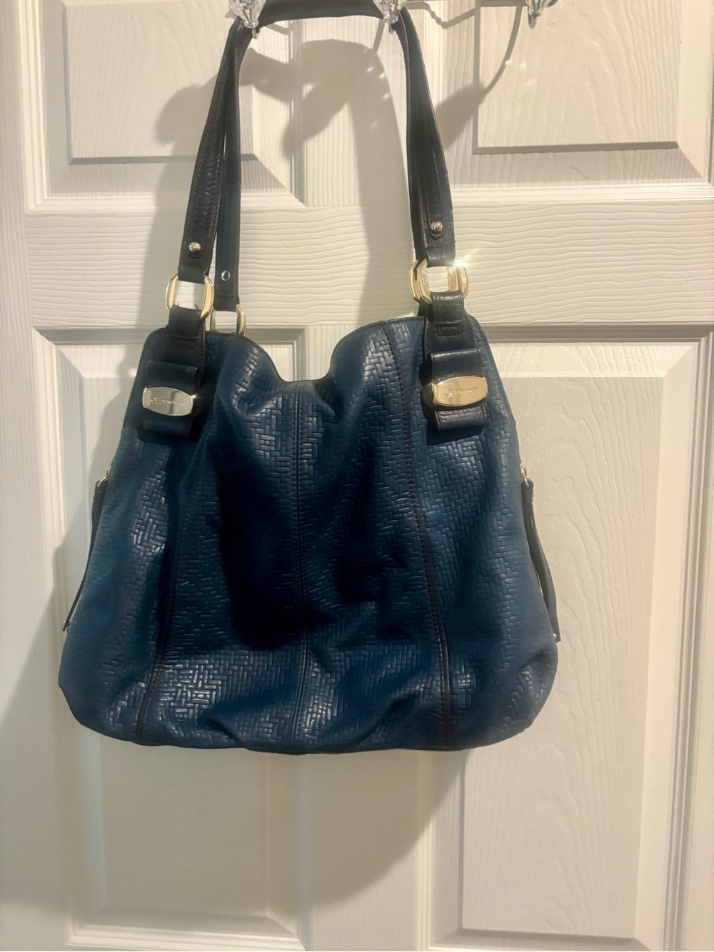b. makowsky Navy Leather Shoulder Bag with Gold Hardware